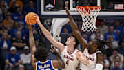 Grant Nelson, seen here blocking a shot, will be critical to Alabama's national title chances.