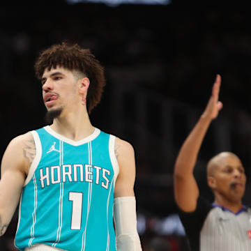 Mar 12, 2025; Atlanta, Georgia, USA; Charlotte Hornets guard LaMelo Ball (1) reacts after making a three point basket against the Atlanta Hawks during the second half at State Farm Arena. Mandatory Credit: Mady Mertens-Imagn Images