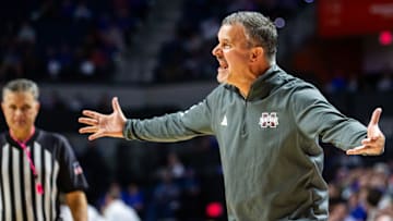Mississippi State Bulldogs head coach Chris Jans reacts to a call in the first half. The Florida men