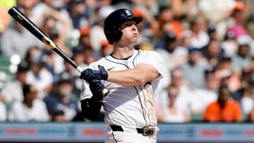 Detroit Tigers second base Colt Keith (33) hits an RBI double in the second inning against the Cleveland Guardians at Comerica Park.