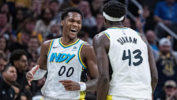 Indiana Pacers forward Pascal Siakam (43) and guard Bennedict Mathurin (00).