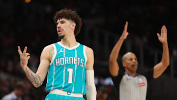 Mar 12, 2025; Atlanta, Georgia, USA; Charlotte Hornets guard LaMelo Ball (1) reacts after making a three point basket against the Atlanta Hawks during the second half at State Farm Arena. Mandatory Credit: Mady Mertens-Imagn Images