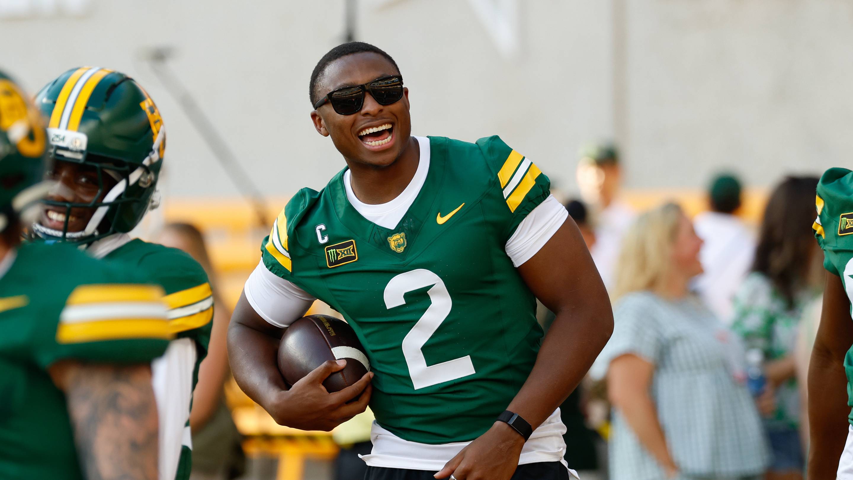Sep 12, 2026; Waco, Texas, USA; Baylor Bears quarterback DJ Lagway (2) in street clothes during warmups before the game against the Prairie View A&M Panthers at McLane Stadium. Mandatory Credit: Chris Jones-Imagn Images | IMAGN IMAGES via Reuters Connect