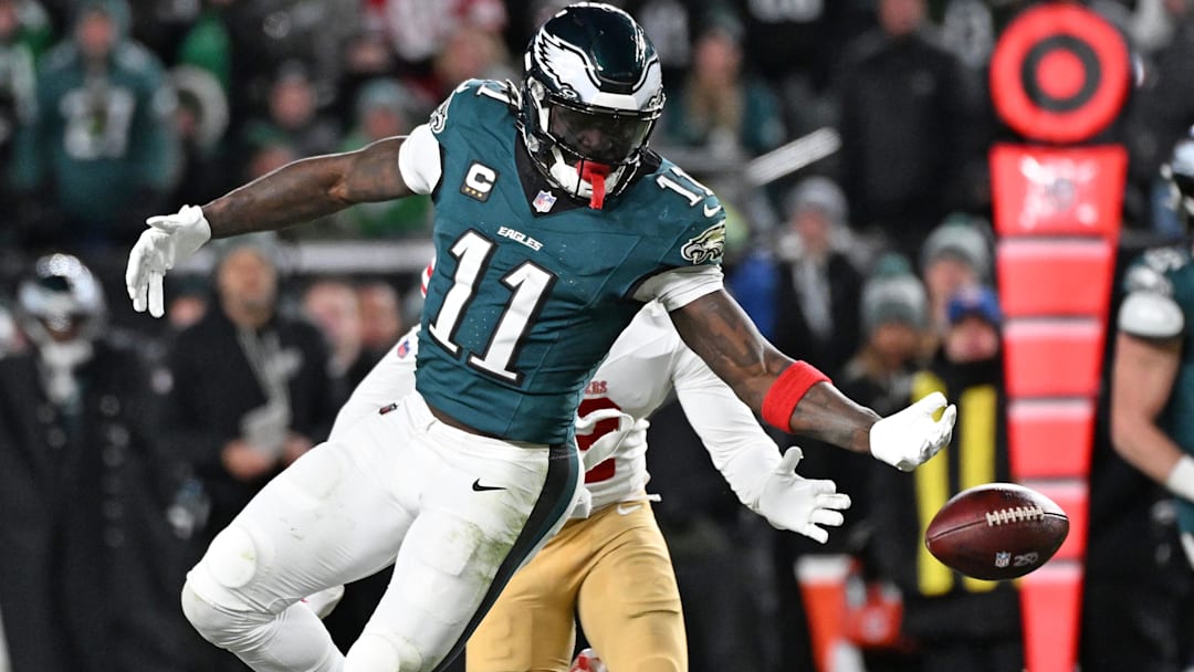 Jan 11, 2026; Philadelphia, PA, USA; Philadelphia Eagles wide receiver A.J. Brown (11) can't make a catch during the fourth quarter against the San Francisco 49ers  in an NFC Wild Card Round game at Lincoln Financial Field.