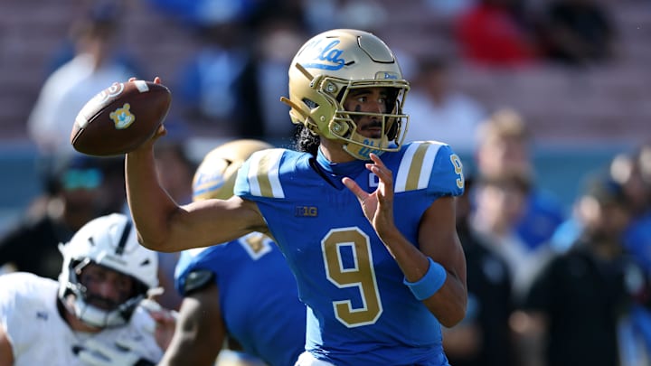 Oct 4, 2025; Pasadena, California, USA; UCLA Bruins quarterback Nico Iamaleava (9) drops back to pass during the fourth quarter against the Penn State Nittany Lions at Rose Bowl. Mandatory Credit: Kiyoshi Mio-Imagn Images Oct 4, 2025; Pasadena, California, USA; UCLA Bruins quarterback Nico Iamaleava (9) drops back to pass during the fourth quarter against the Penn State Nittany Lions at Rose Bowl. Mandatory Credit: Kiyoshi Mio-Imagn Images