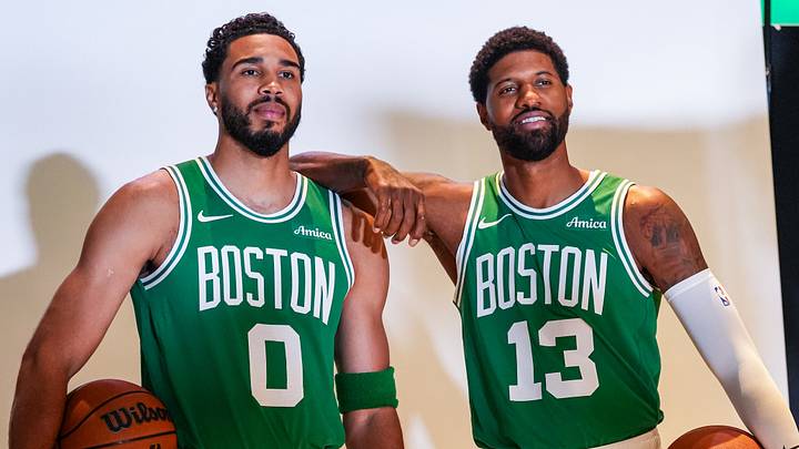 Sep 28, 2026; Boston, MA, USA; Boston Celtics forward/guard Jayson Tatum (0) with forward Paul George (13) during media day at Auerbach Center. Mandatory Credit: David Butler II-Imagn Images