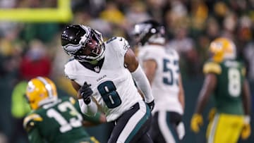 Philadelphia Eagles cornerback Adoree' Jackson reacts after breaking up a pass intended for Green Bay Packers wide receiver Dontayvion Wicks (13) on Monday, November 10, 2025, at Lambeau Field in Green Bay, Wis. The Eagles won the game, 10-7.
