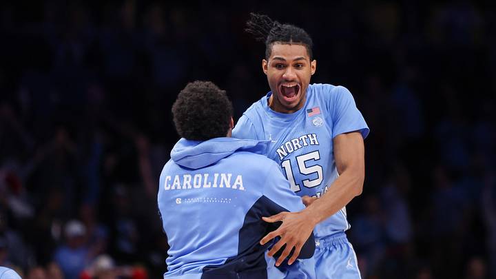 Dec 20, 2025; Atlanta, Georgia, USA; North Carolina Tar Heels forward Jarin Stevenson (15) celebrates after a victory over the Ohio State Buckeyes at State Farm Arena. Mandatory Credit: Brett Davis-Imagn Images
