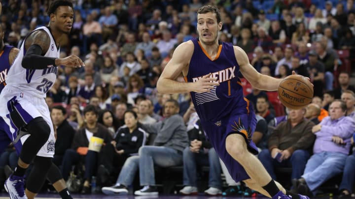 Feb 8, 2015; Sacramento, CA, USA; Phoenix Suns guard Goran Dragic (1) drives baseline against Sacramento Kings guard Ben McLemore (23) during the first quarter at Sleep Train Arena. Mandatory Credit: Kelley L Cox-USA TODAY Sports