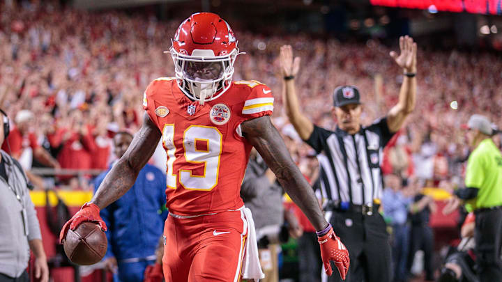 Toney celebrates after scoring a touchdown during the second quarter against the Denver Broncos at GEHA Field at Arrowhead Stadium.