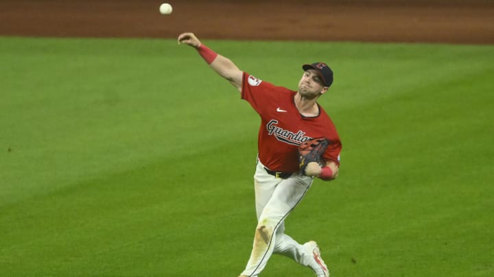 Aug 5, 2024; Cleveland, Ohio, USA; Cleveland Guardians right fielder Lane Thomas (8) throws the ball to the infield in the tenth inning against the Arizona Diamondbacks at Progressive Field. Mandatory Credit: David Richard-USA TODAY Sports