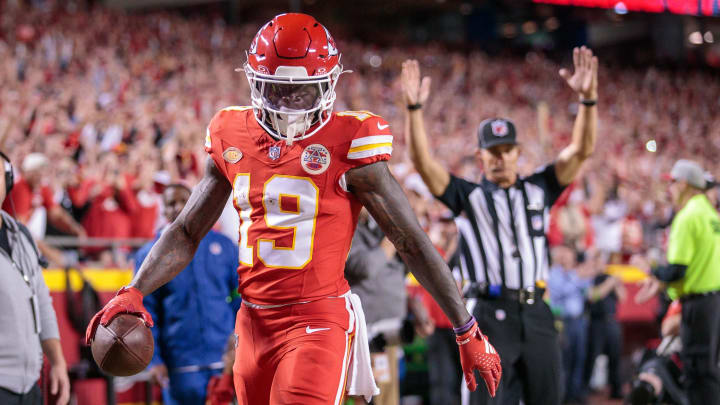 Oct 12, 2023; Kansas City, Missouri, USA; Kansas City Chiefs wide receiver Kadarius Toney (19) celebrates after scoring a touchdown during the second quarter against the Denver Broncos at GEHA Field at Arrowhead Stadium. Mandatory Credit: William Purnell-USA TODAY Sports