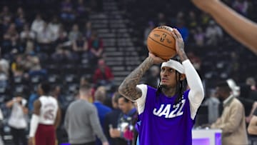 Mar 23, 2025; Salt Lake City, Utah, USA; Utah Jazz guard Jordan Clarkson (00) warms up before the game against the Cleveland Cavaliers at Delta Center. Mandatory Credit: Peter Creveling-Imagn Images