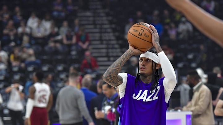 Mar 23, 2025; Salt Lake City, Utah, USA; Utah Jazz guard Jordan Clarkson (00) warms up before the game against the Cleveland Cavaliers at Delta Center. Mandatory Credit: Peter Creveling-Imagn Images