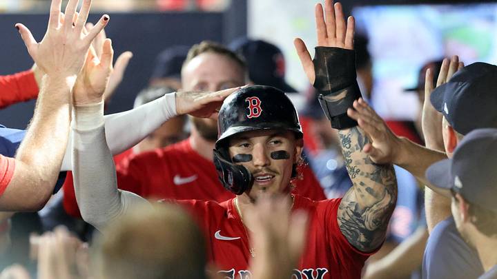 Sep 19, 2025; Tampa, Florida, USA; Boston Red Sox outfielder Jarren Duran (16) celebrates after scoring a run during the eighth inning against the Tampa Bay Rays at George M. Steinbrenner Field. Mandatory Credit: Kim Klement Neitzel-Imagn Images