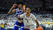 Mar 3, 2024; Storrs, Connecticut, USA; UConn Huskies guard Stephon Castle (5) drives the ball against Seton Hall Pirates guard Isaiah Coleman (21) in the second half at Harry A. Gampel Pavilion. Mandatory Credit: David Butler II-Imagn Images