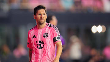 May 31, 2025; Fort Lauderdale, Florida, USA; Inter Miami CF forward Lionel Messi (10) looks on against the Columbus Crew during the first half at Chase Stadium. Mandatory Credit: Sam Navarro-Imagn Images