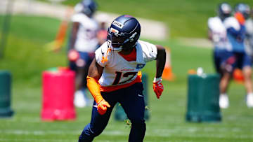 May 10, 2025; Englewood, CO, USA; Denver Broncos cornerback Jahdae Barron (12) during rookie minicamp at Broncos Park Powered by CommonSpirit. Mandatory Credit: Ron Chenoy-Imagn Images