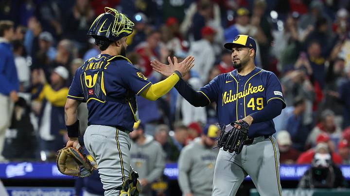 Sep 24, 2026; Philadelphia, Pennsylvania, USA; Milwaukee Brewers pitcher Antonio Senzatela (49) and catcher Gary Sanchez (99) shake hands after a victory against the Philadelphia Phillies at Citizens Bank Park. Mandatory Credit: Bill Streicher-Imagn Images