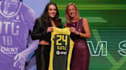 Nika Muhl poses with WNBA commissioner Cathy Engelbert after she is selected with the number fourteen overall pick to the Seattle Storm in the 2024 WNBA Draft at Brooklyn Academy of Music. 