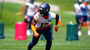 May 10, 2025; Englewood, CO, USA; Denver Broncos cornerback Jahdae Barron (12) during rookie minicamp at Broncos Park Powered by CommonSpirit. Mandatory Credit: Ron Chenoy-Imagn Images