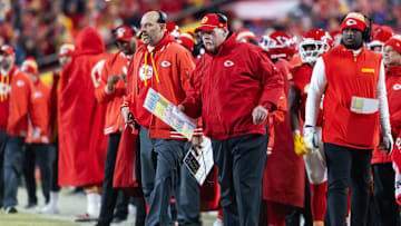 Jan 26, 2025; Kansas City, MO, USA; Kansas City Chiefs offensive coordinator Matt Nagy (left) and head coach Andy Reid against the Buffalo Bills during the AFC Championship game at GEHA Field at Arrowhead Stadium. Mandatory Credit: Mark J. Rebilas-Imagn Images