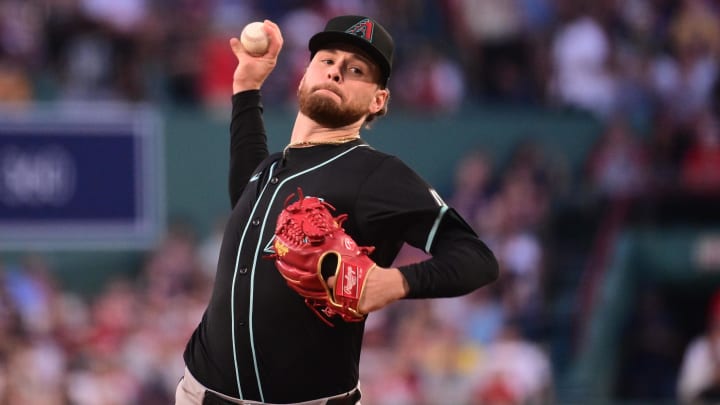 Aug 23, 2024; Boston, Massachusetts, USA; Arizona Diamondbacks starting pitcher Ryne Nelson (19) pitches against the Boston Red Sox during the first inning at Fenway Park. Mandatory Credit: Eric Canha-USA TODAY Sports