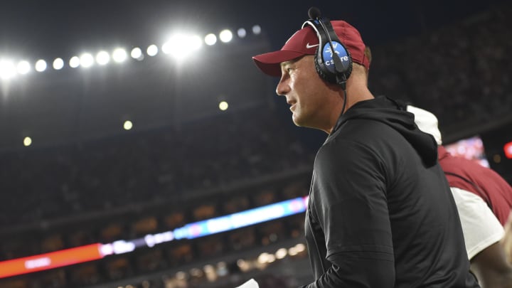 Aug 31, 2024; Tuscaloosa, Alabama, USA;  Alabama Crimson Tide head coach Kalen DeBoer coaches during his first game as the Crimson Tide’s head coach against the Western Kentucky Hilltoppers at Bryant-Denny Stadium. Mandatory Credit: Gary Cosby Jr.-USA TODAY Sports