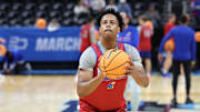 Mar 20, 2024; Salt Lake City, UT, USA; Kansas Jayhawks guard Elmarko Jackson (13) during the NCAA first round practice session at Delta Center. Mandatory Credit: Rob Gray-Imagn Images