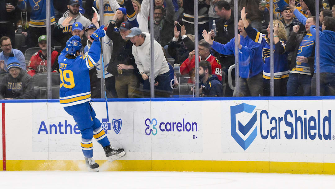 Dec 12, 2025; St. Louis, Missouri, USA; St. Louis Blues right wing Matt Luff (39) reacts after scoring against the Chicago Blackhawks during the first period at Enterprise Center. Mandatory Credit: Jeff Curry-Imagn Images