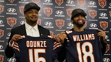  Chicago Bears first round draft choices Rome Odunze and Caleb Williams pose for photos at a press conference at Halas Hall. 