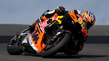 Apr 13, 2024; Austin, TX, USA; Brad Binder (33) of South Africa and Red Bull KTM Factory Racing rides during practice for the MotoGP Grand Prix of the Americas at Circuit of The Americas. Mandatory Credit: Jerome Miron-Imagn Images