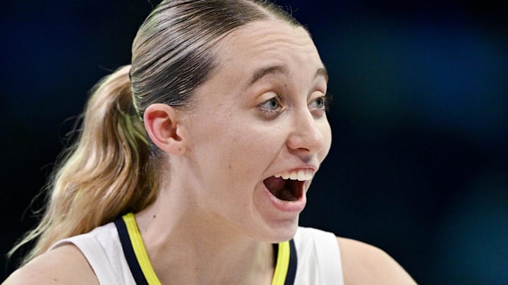 Sep 11, 2025; Arlington, Texas, USA; Dallas Wings guard Paige Bueckers (5) celebrates during the second half against the Phoenix Mercury at College Park Center. Mandatory Credit: Jerome Miron-Imagn Images