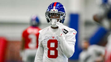 Jun 17, 2025; East Rutherford, NJ, USA; New York Giants safety Jevon Holland (8) participates in a drill during minicamp at Quest Diagnostics Training Center. Mandatory Credit: John Jones-Imagn Images