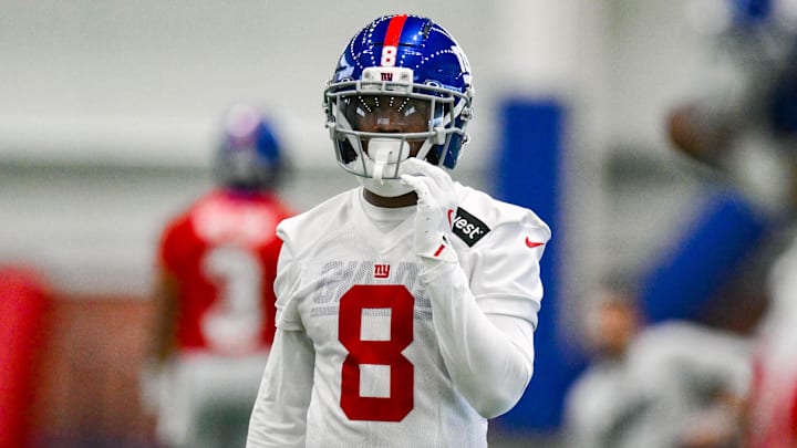 Jun 17, 2025; East Rutherford, NJ, USA; New York Giants safety Jevon Holland (8) participates in a drill during minicamp at Quest Diagnostics Training Center. Mandatory Credit: John Jones-Imagn Images