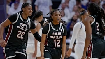 South Carolina basketball guards MiLaysia Fulwiley and Raven Johnson with forward Sania Feagin