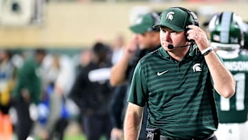Sep 28, 2024; East Lansing, Michigan, USA; Michigan State Spartans head coach Jonathan Smith watches from the sidelines during the fourth quarter as the Ohio State Buckeyes defeat his team at Spartan Stadium. Mandatory Credit: Dale Young-Imagn Images