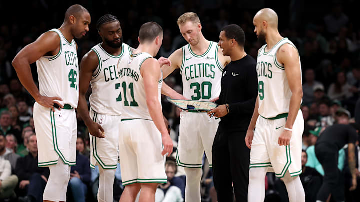 Jaylen Brown, Joe Mazzulla, Derrick White, Al Horford, Payton Pritchard, Sam Hauser