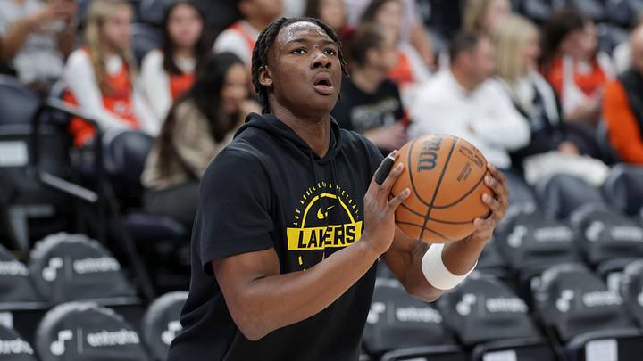 Dec 18, 2025; Salt Lake City, Utah, USA;  Los Angeles Lakers guard Adou Thiero (1) warms up before a game against the Utah Jazz at Delta Center. Mandatory Credit: Chris Nicoll-Imagn Images