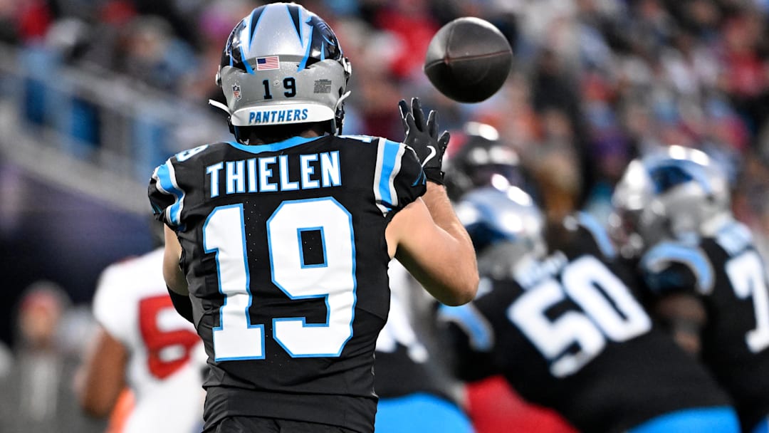 Carolina Panthers wide receiver Adam Thielen (19) catches the ball in the second quarter at Bank of America Stadium.