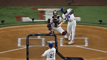 Jul 15, 2024; Arlington, TX, USA; American League right fielder Adolis Garcia of the Texas Rangers (53) bats during the 2024 All Star Game Home Run Derby at Globe Life Field. 