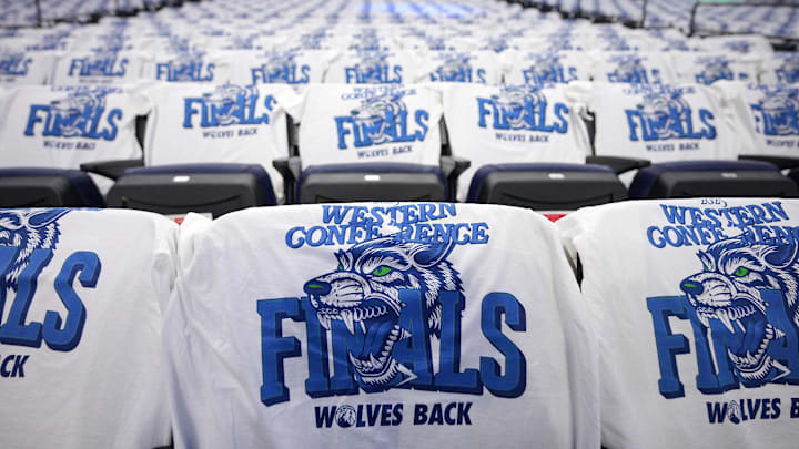 Souvenir shirts on the chairs before game three of the Western Conference finals on May 24, 2025. Souvenir shirts on the chairs before game three of the Western Conference finals on May 24, 2025.