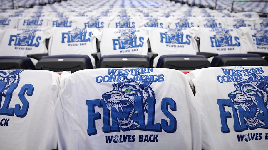 Souvenir shirts on the chairs before game three of the Western Conference finals on May 24, 2025. | Brad Rempel-Imagn Images