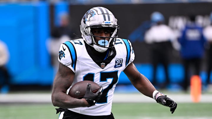 Dec 15, 2024; Charlotte, North Carolina, USA; Carolina Panthers wide receiver Xavier Legette (17) with the ball in the first quarter at Bank of America Stadium. Mandatory Credit: Bob Donnan-Imagn Images