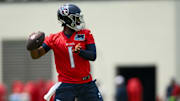 Jun 10, 2025; Nashville, TN, USA;Tennessee Titans quarterback Cam Ward (1) throws a pass  during minicamp at Nissan Stadium. Mandatory Credit: Steve Roberts-Imagn Images