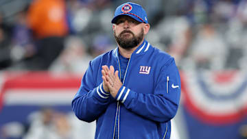 Oct 13, 2024; East Rutherford, New Jersey, USA; New York Giants head coach Brian Daboll during warmups before a game against the Cincinnati Bengals at MetLife Stadium. Mandatory Credit: Brad Penner-Imagn Images