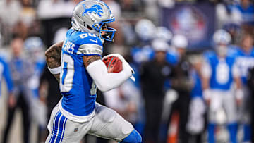 Detroit Lions kick return Jakobie Keeney-James (80) returns a kickoff against the LA Chargers during the first half of the Hall of Fame Game at Tom Benson Hall of Fame Stadium in Canton, Ohio, on Thursday, July 31, 2025.