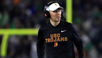 Head coach Lincoln Riley of the USC Trojans looks on during the second quarter against the Notre Dame Fighting Irish at Notre Dame Stadium on October 18, 2025 in South Bend, Indiana.