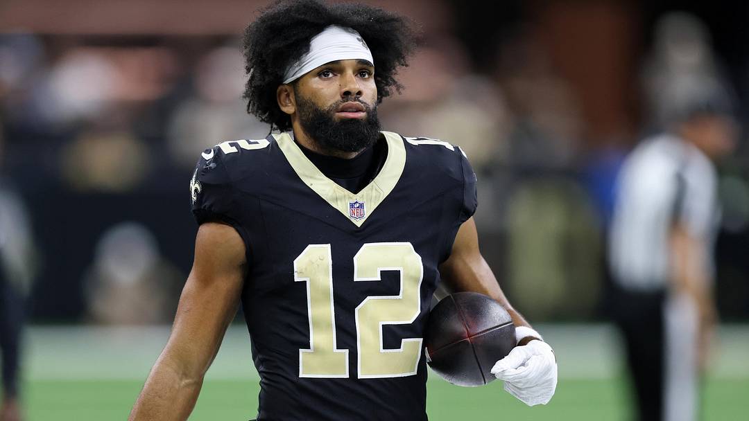 Oct. 5, 2025; New Orleans, Louisiana, USA; New Orleans Saints wide receiver Chris Olave (12) walks on the sideline during the second half at Caesars Superdome. Mandatory Credit: Stephen Lew-Imagn Images