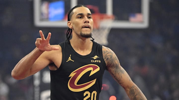 Oct 31, 2025; Cleveland, Ohio, USA; Cleveland Cavaliers forward Jaylon Tyson (20) celebrates his three-point basket in the first quarter against the Toronto Raptors at Rocket Arena. Mandatory Credit: David Richard-Imagn Images